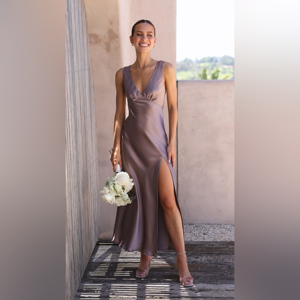 Billy J Taylor Mushroom Satin Maxi Dress